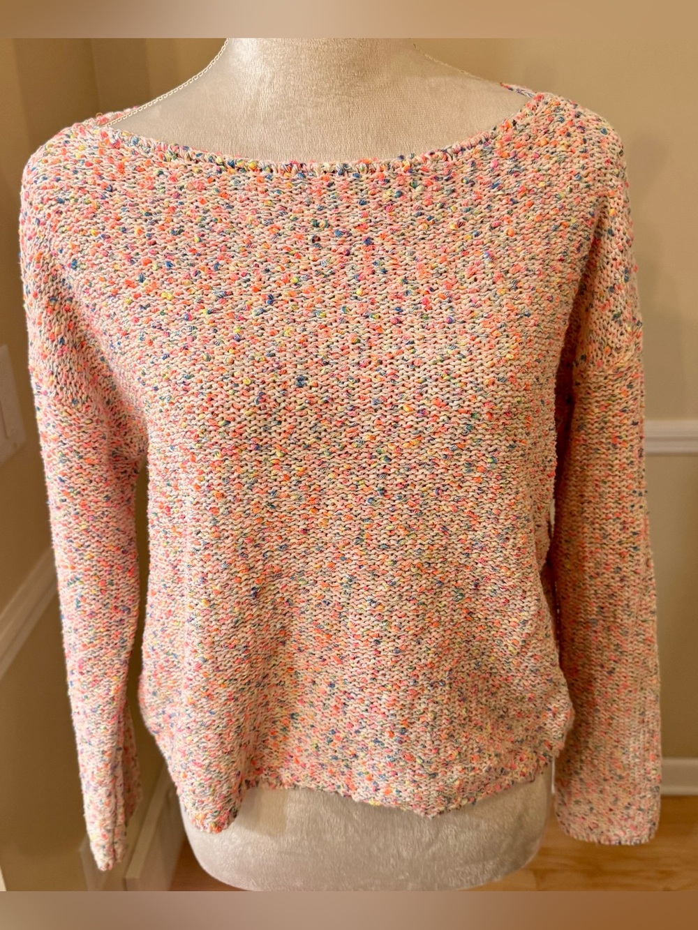 🍨🩷🧡 Lou & Grey Neon Confetti Knit Sweater Rainbow 🌈 Speckled Cotton Blend - Sz S - Picture 1 of 7